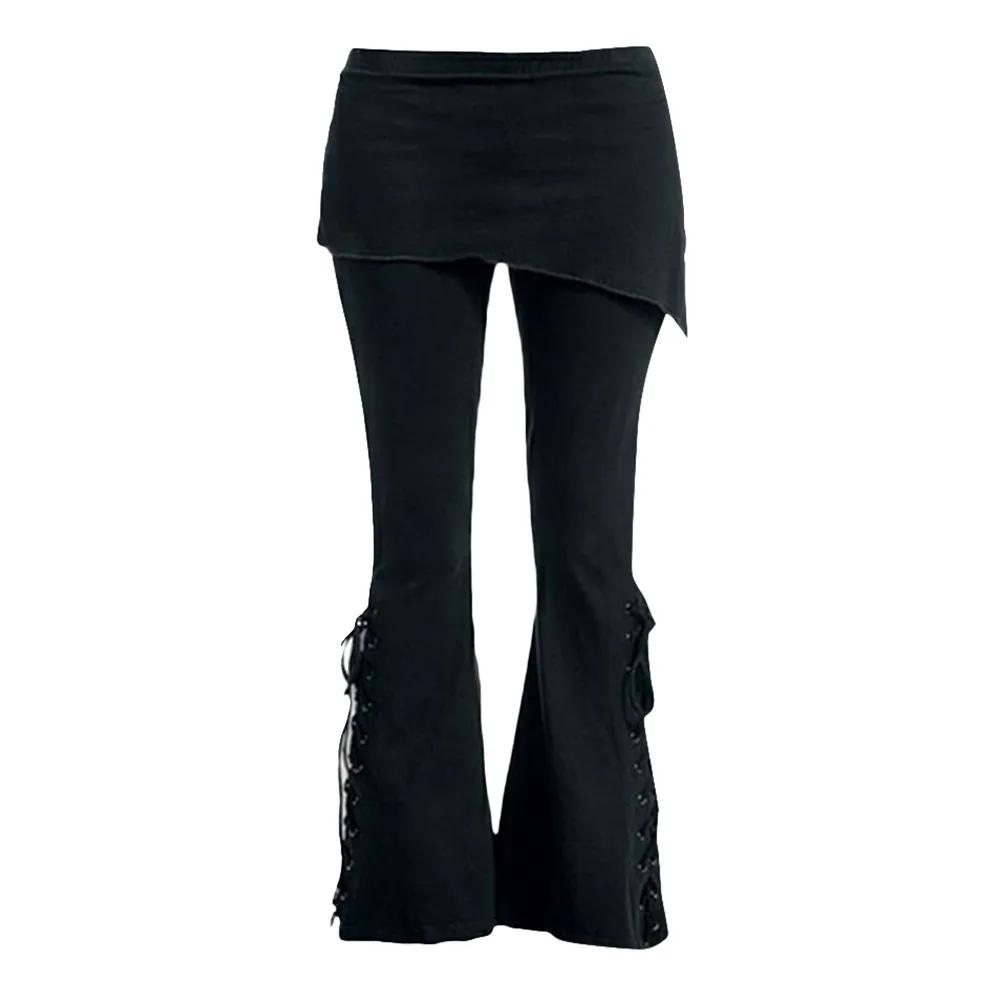 Women Black Embroidered Casual Bandage Flares Punk Lace Up Bell Bottom Leggings Vintage Pockets Solid Autumn Y2K Pants