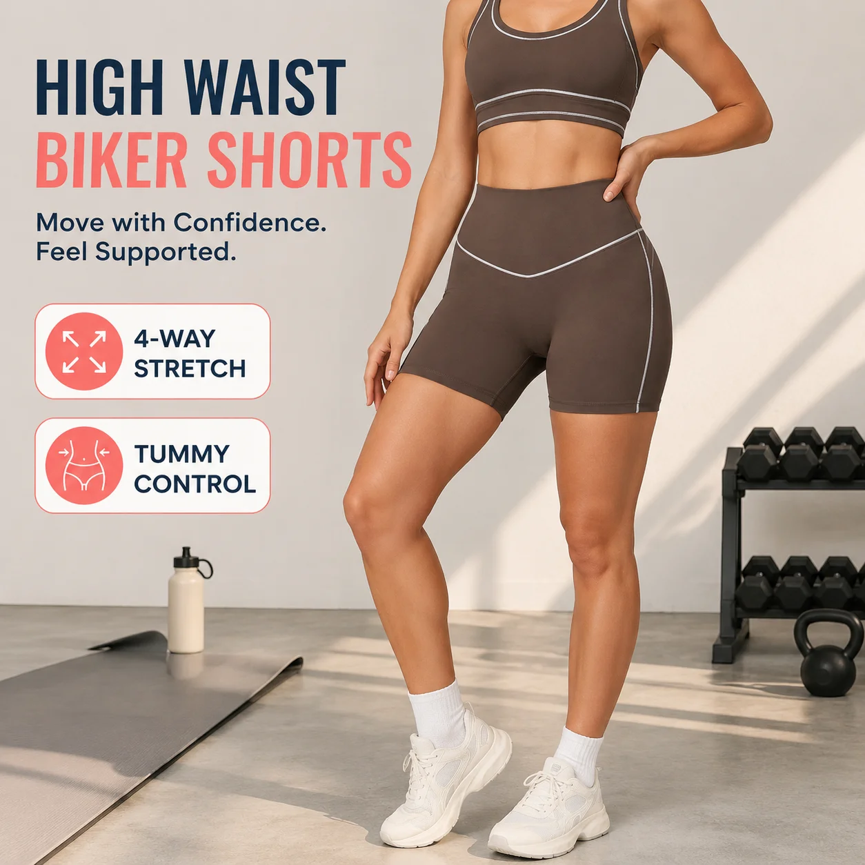Women's High Waist Contrast Trim Biker Shorts - Butt Lifting Tummy Control Yoga Gym Shorts, Multiple Colors, S-XL