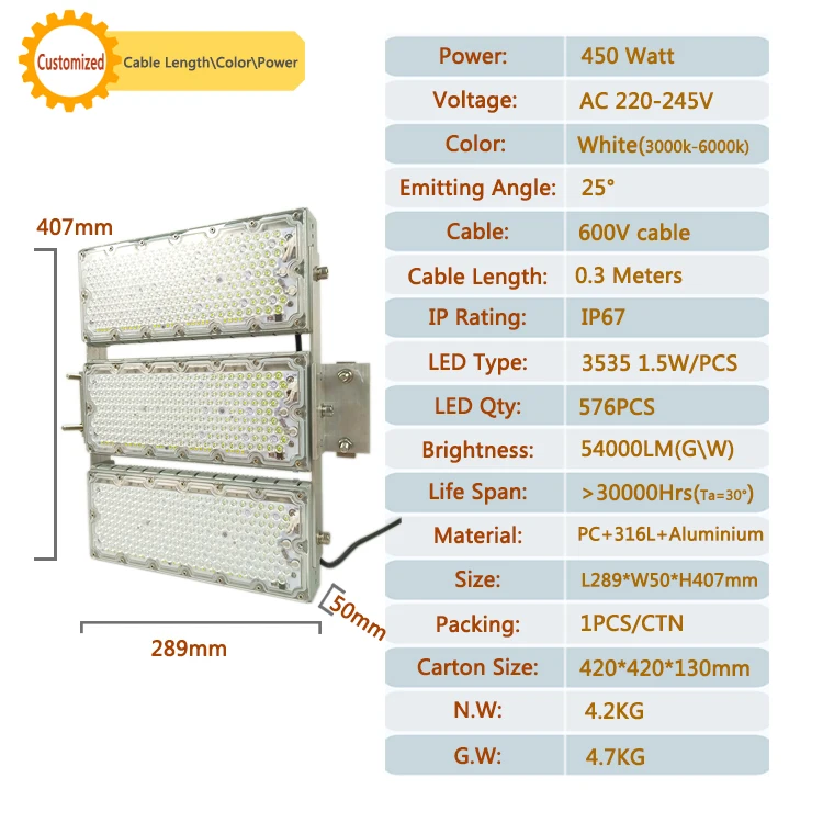 450W White 220V High Brightness Ip67 Tunnel Lights Waterproof Outdoor Court Lighting Tunnel Lights