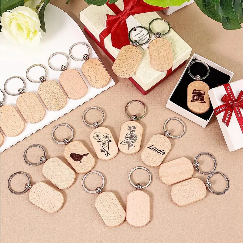 110PCS Wood Keychain Blanks, Unfinished Wood Key Tag, Wood Engraving Blanks Key Chain for DIY Crafts-Rounded Square-A79M