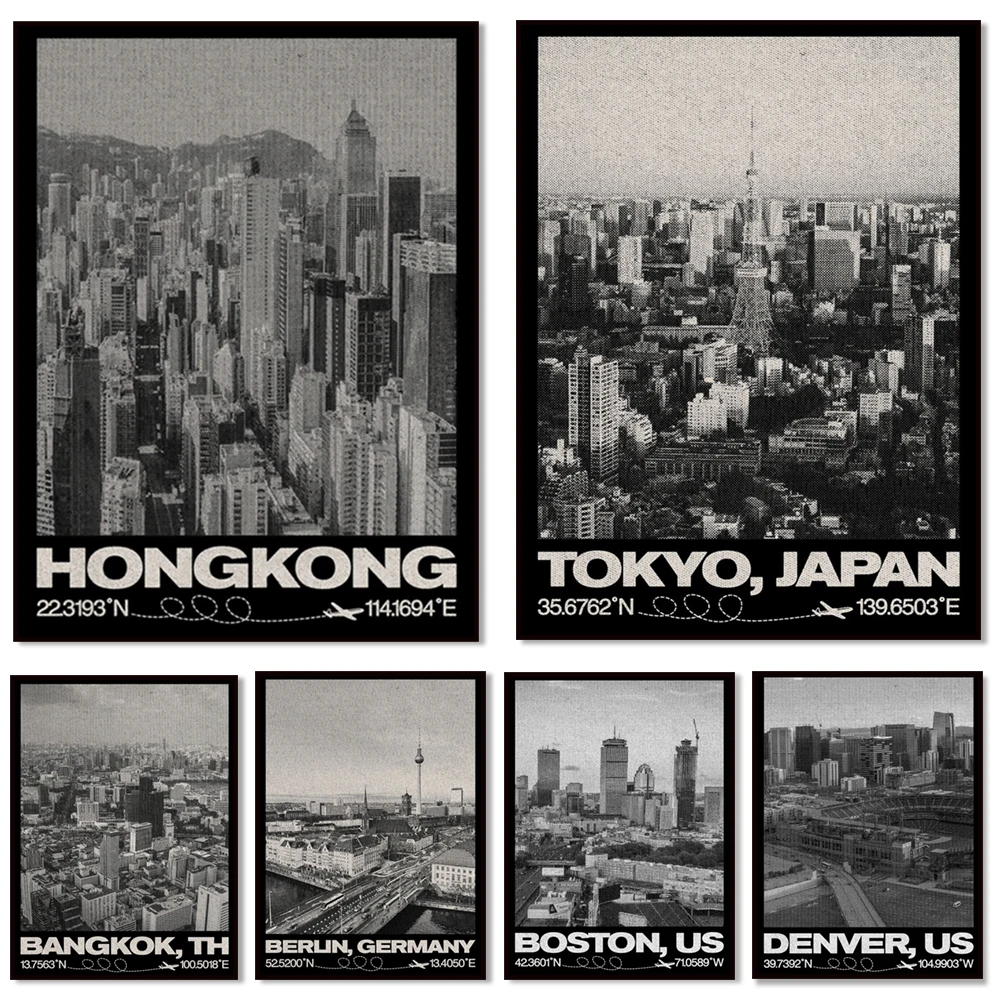 Carteles de viaje con paisaje de la ciudad negra de Los Ángeles, Tokio, Denver, Bangkok, Madrid, España, Berlín, Nueva York, Roma, Boston, Londres