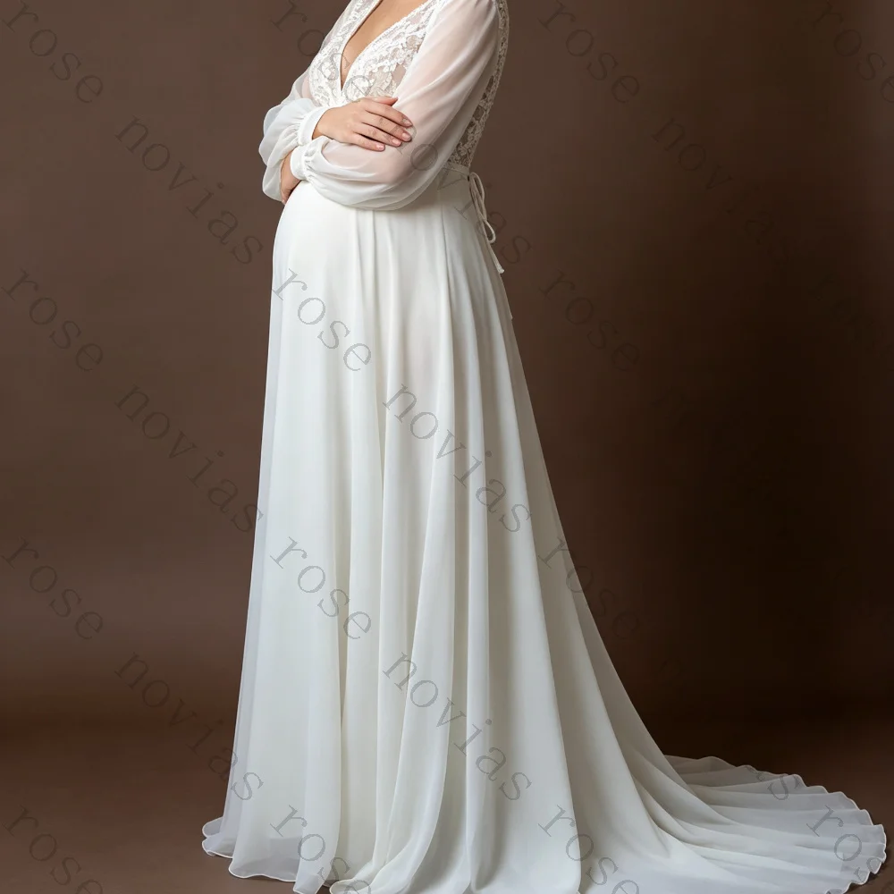 Customized  Maternity Wedding Dress 2026 V Neck Lace Puff Long Sleeve Chiffon Flowy A Line Long Train Boho Pregnant Bridal Gown