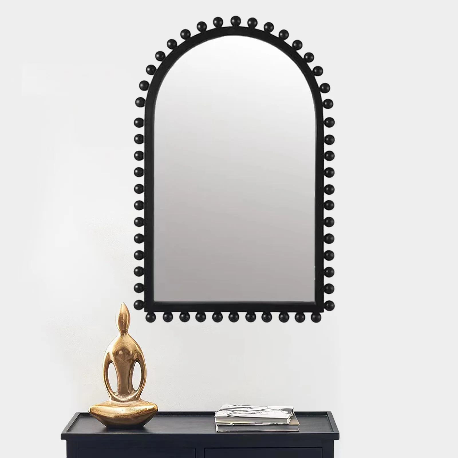 Moderner, schlichter, schwarzer MDF-Holzrahmen-Perlen-Hängespiegel, Heimdekorationsspiegel