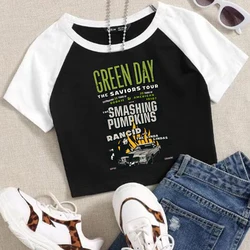 Green Day Saviors Band Camiseta corta para mujer, camisas de manga corta con cuello redondo a la moda para niñas, regalo para fanáticos de la música