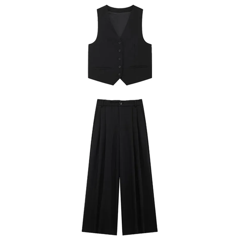 TRAFZA Female Fashion 2-Piece Set V-Neck Sleeveless Pocket Single Breasted Vest Tops+New High Waist Zipper Ankle Length Pants