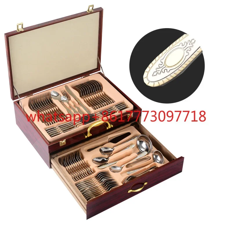 Western tableware set 72-piece set 84-piece set Gold-plated Gongyan stainless steel knife, fork and spoon gift box Wooden box