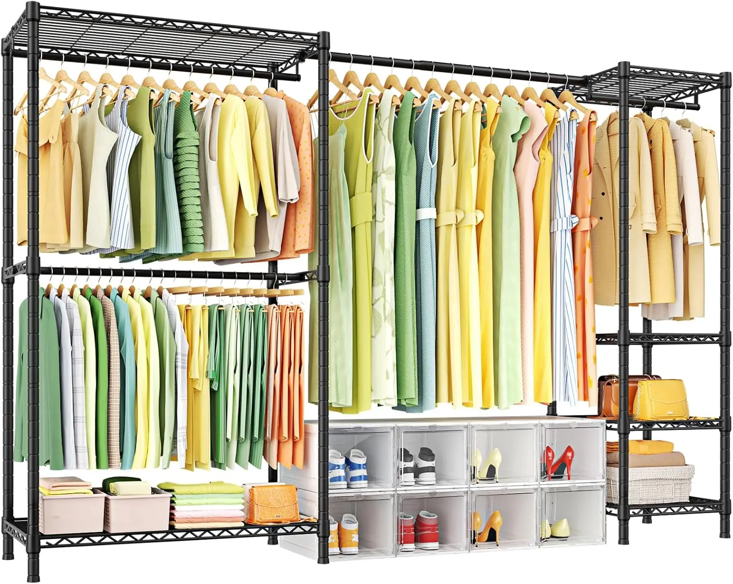 Clothes Rack（With Stretchable Hanger Rod）Freestanding Clothing Racks for Hanging Clothes，Adjustable Closet Organizer System，Port