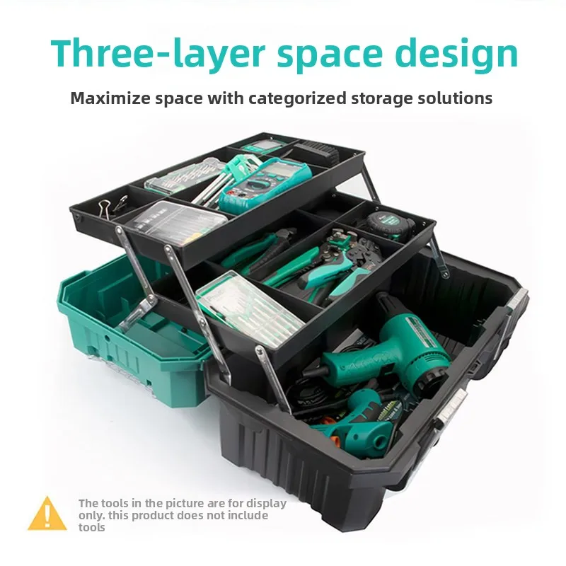 21 Inch Three Layer Folding Tool Box, Portable Industrial Grade Plastic Tool Case with Metal Linkage and Dual Visible Parts
