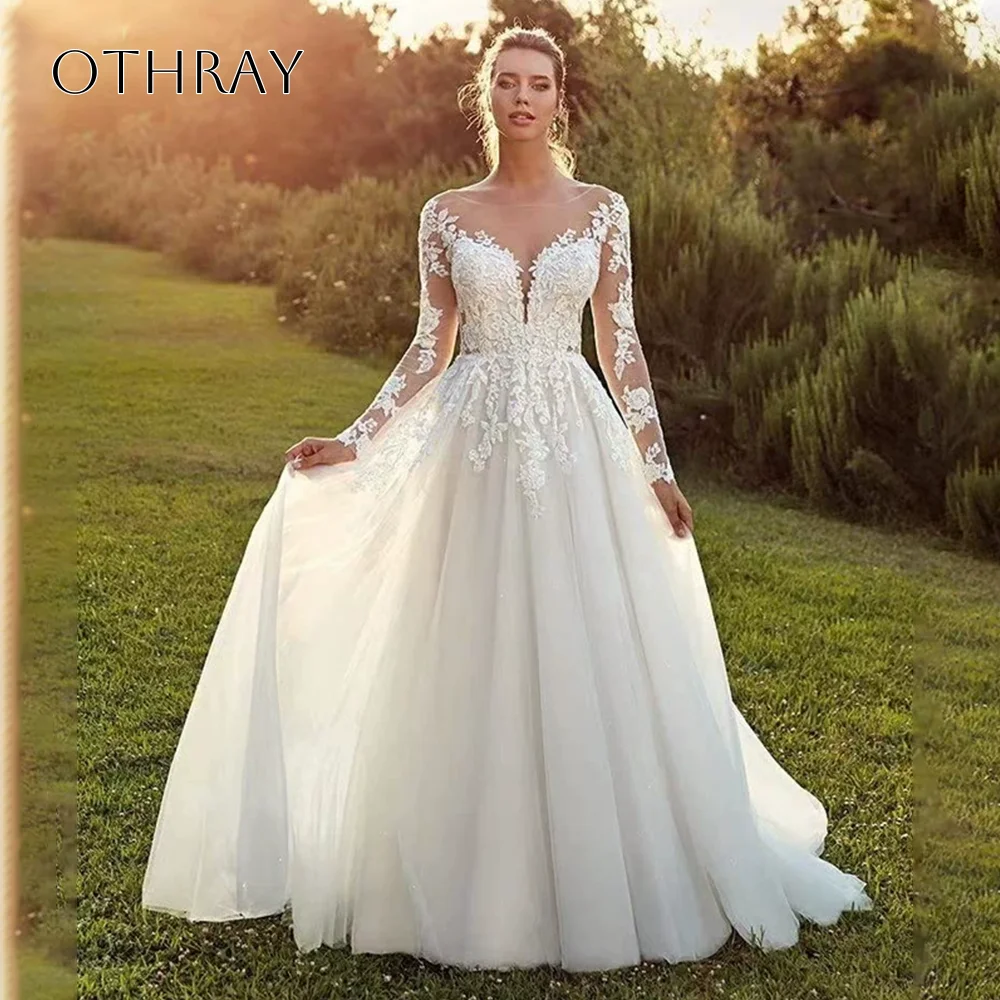 Tulle Long Sleeves A-line Bridal Wedding Gown Buttons Appliques Sweep Train Customized свадебное платье
