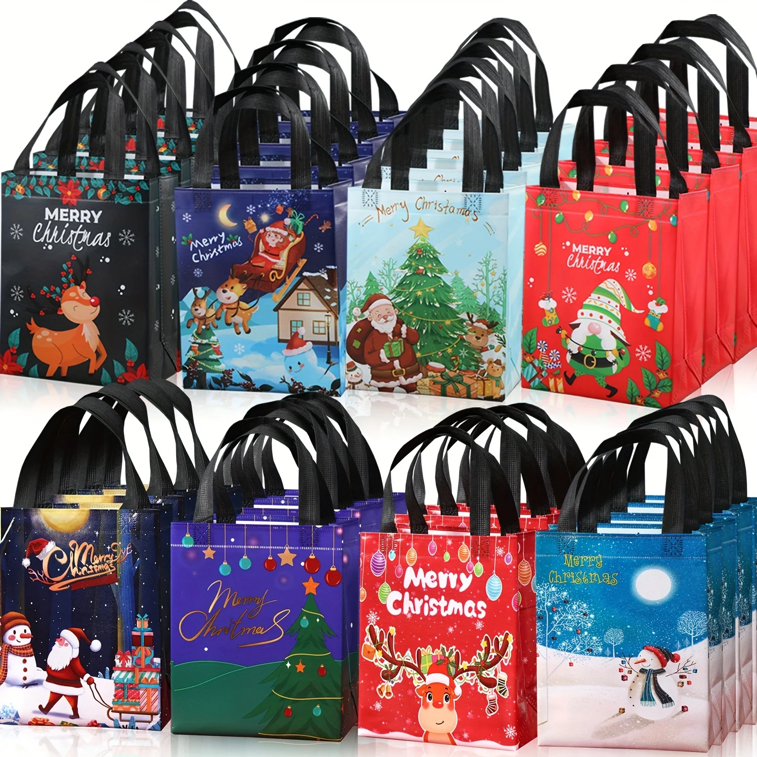 Weihnachtsgeschenktüten mit Geschenkanhänger, große wiederverwendbare Einkaufstaschen, festlicher Weihnachtsmann, Baum, Schneemann-Design „Merry Christmas“.