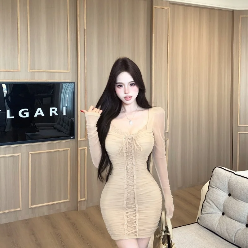 

Autumn Winter Slimming Long Sve Me Pleated Design Sensual Pure Desire Bodycon Dr High Waist Gown for Women V Ne Zipper