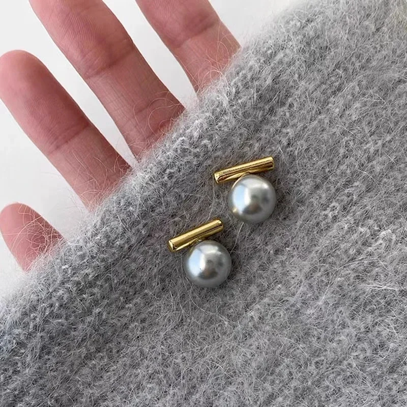 VIVILADY 925 Silver Romantic Geometric Round Pearl Lines Stud Earrings for Fashion Women Fine Jewelry Minimalist Accessories