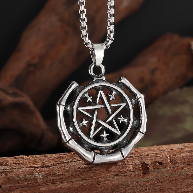 Retro Fashion Hollow Bamboo Shape Pentagram C-Shaped Surround Pendant Necklace for Men and Women Punk Personalized Party Gift