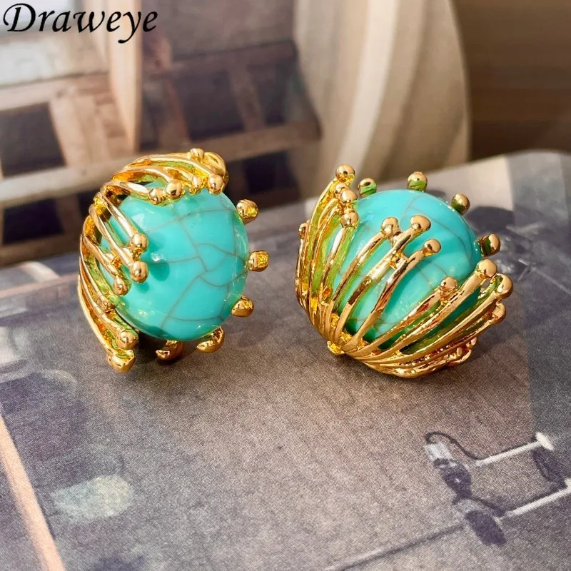 Draweye الحلو الزهور وأقراط للنساء الفيروز قصر نمط مجوهرات أنيقة موضة خمر بسيطة Pendientes Mujer