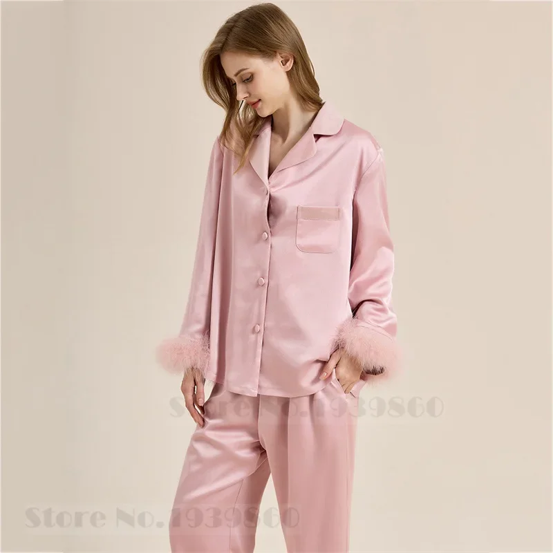 Autumn Winter Female Sleepwear 2Pcs Pajamas Set Inside Velvet Loungewear Trouser Suits Bride Wedding Feather Satin Home Wear