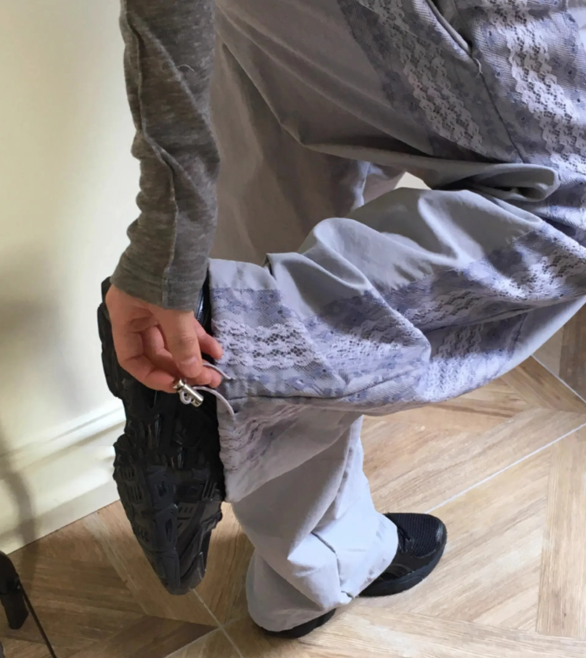 레트로 레이스 스플라이싱 와이드 레그 캐주얼 바지 하이 웨이스트 롱 나일론 여성 전용 디자인 편안한 출퇴근 스타일