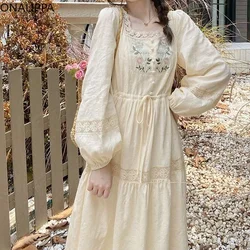 Onalippa Embroidery Floral Sweet Dress Square Collar High Waist Long Sleeves Dresses French Drawstring Lace Up Vestidos Women