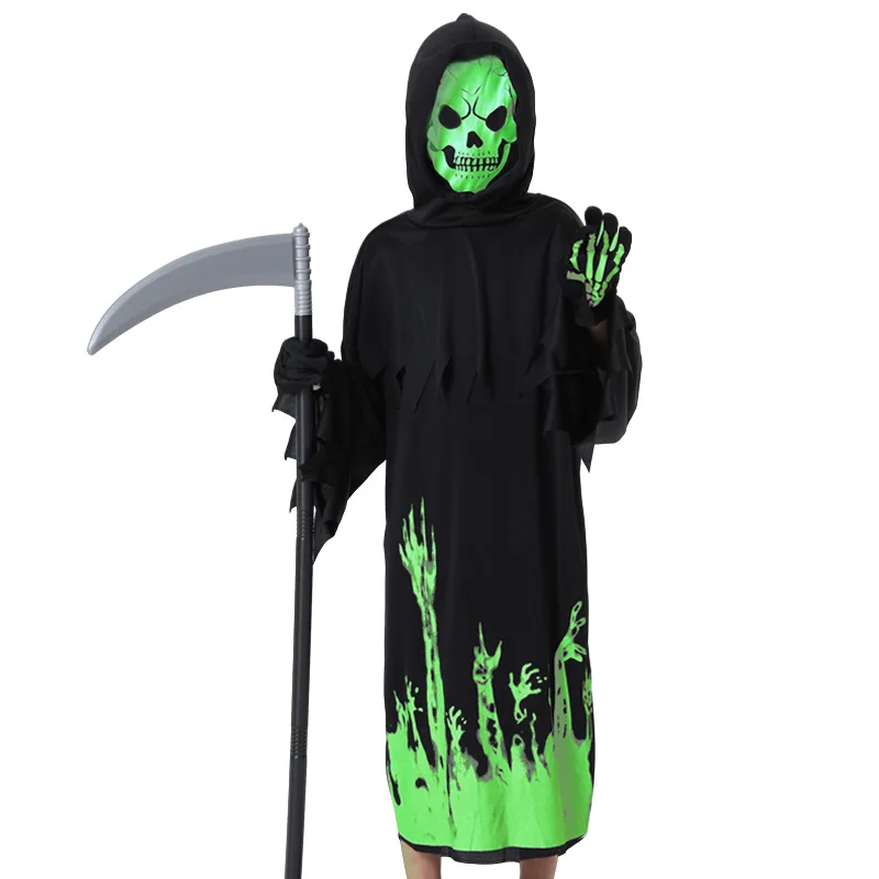 Halloween Grim Reaper Costume with Scythe Luminous Skeleton Skull Vampire Clothes Fancy Dress Up Cosplay Scary Carnival Party