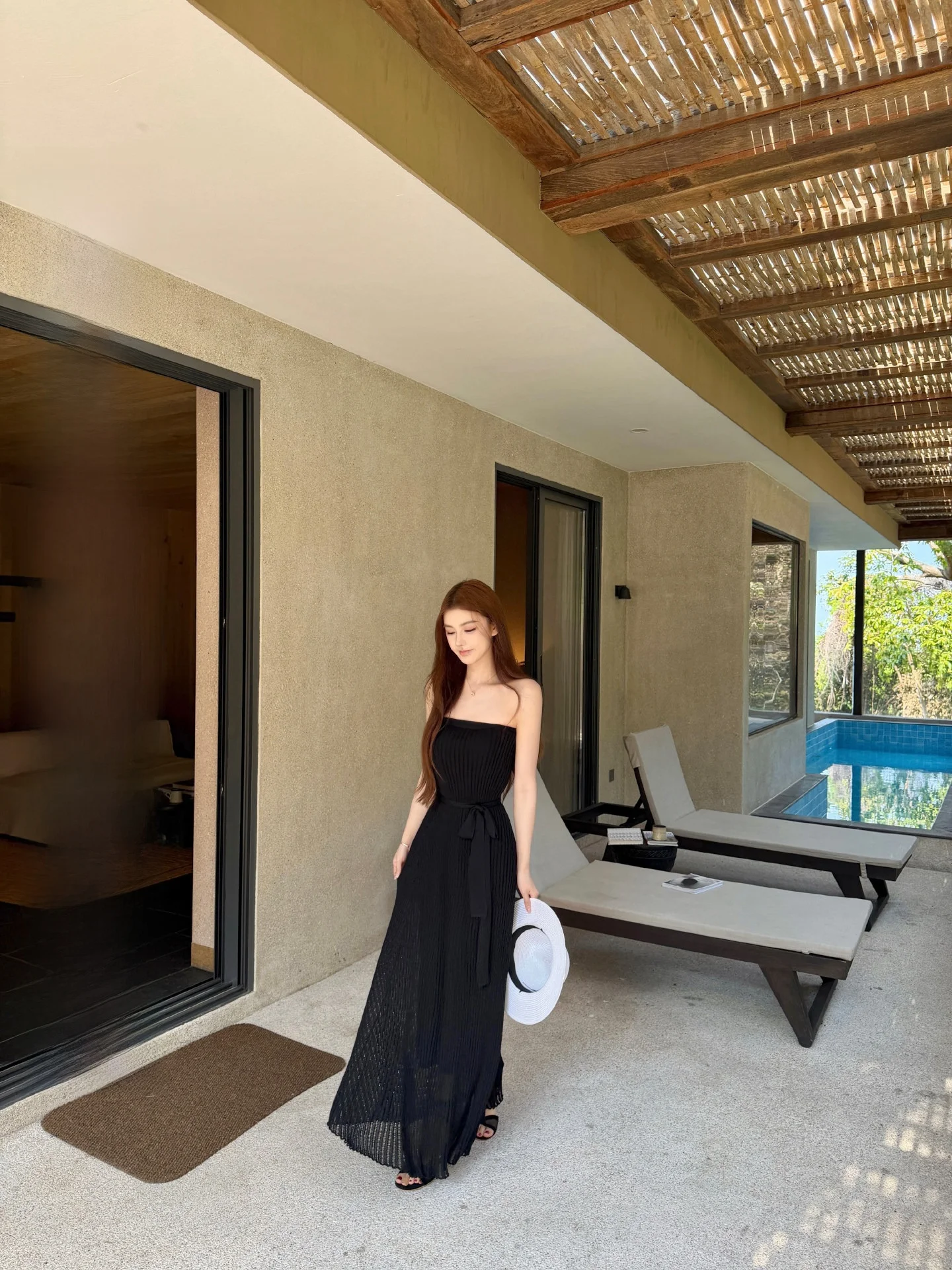 

OKMASHOP Summer Sexy Black Vacation Long Dress Women's Strapless Pleated Dress Simple Style Knitted Fabric Slim Fit Daily Wear