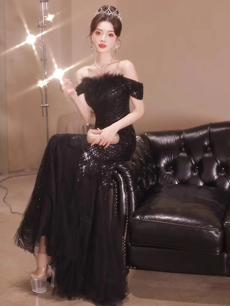 Ele Bla-oulder Evening Gown Women's Luxury Small ence Ball High-End Feel Year End Fi Tail Skirt