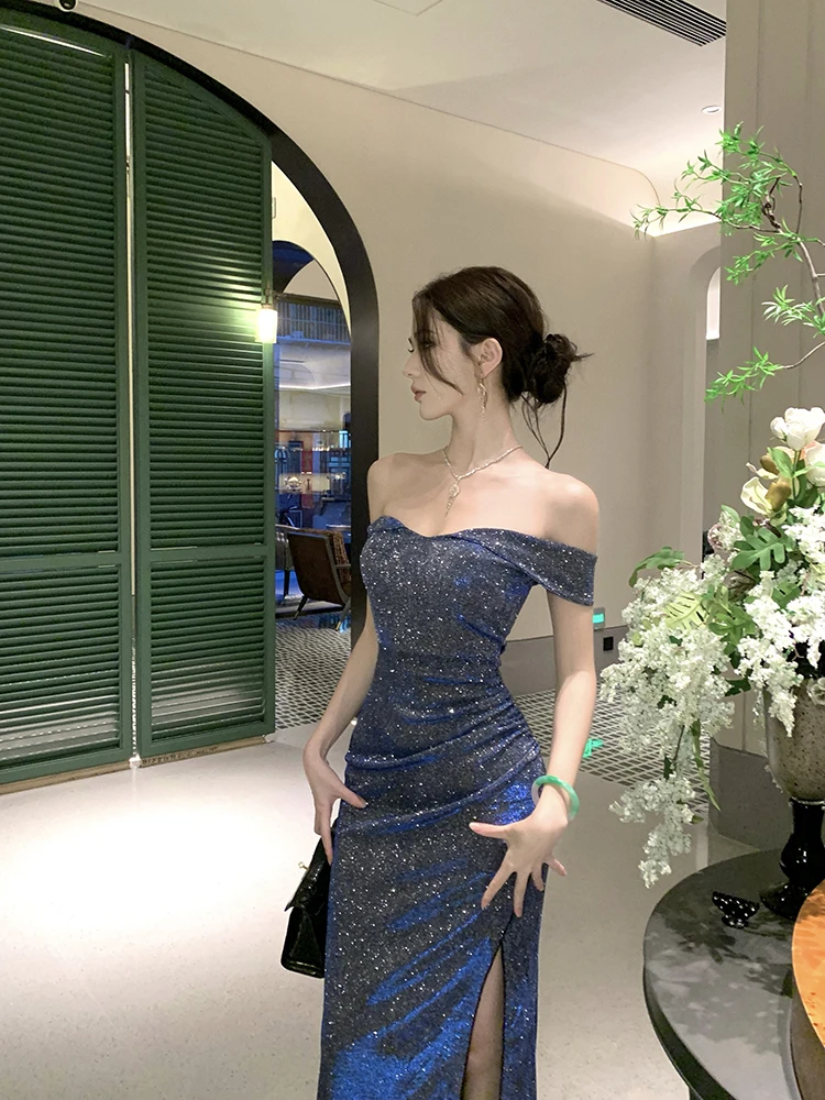 Französisches Mode-Kleid in Blau, Sexy Schulterfreies Kleid mit Schlitz, Kurzärmeliges Plissiertes Kleid, Damen Geburtstagsparty Abendkleid Langes Kleid – Detail 7
