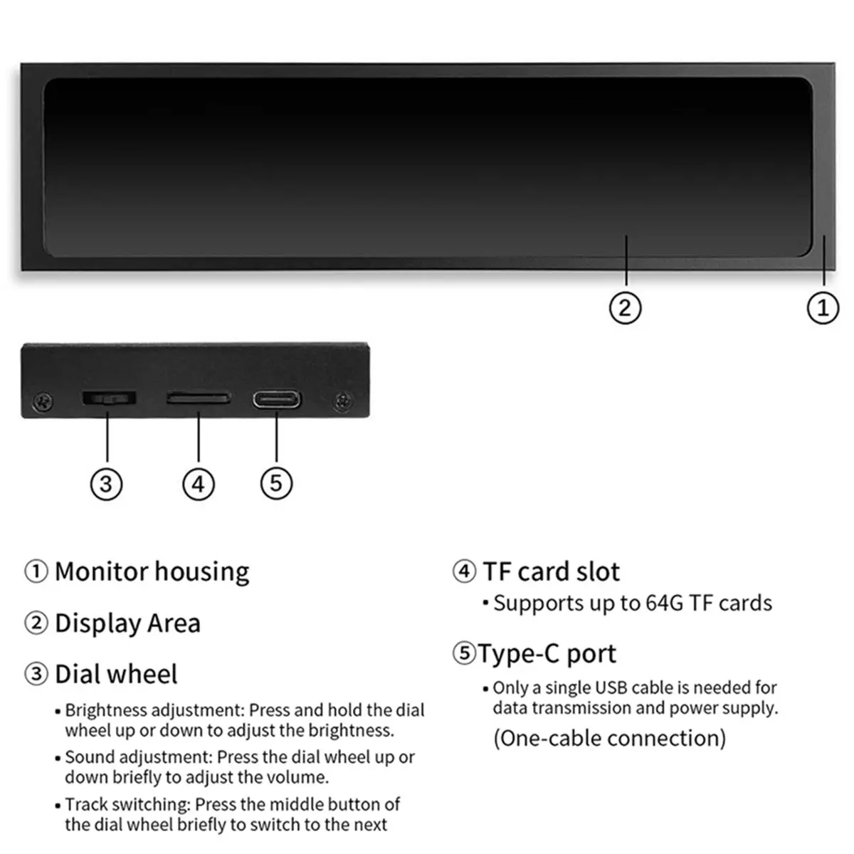 Digital Essentials 11.26 Inch USB Portable Display 1920x440 IPS LCD TF Card Play Stereo Advertising Screen Electronic Photo Albu