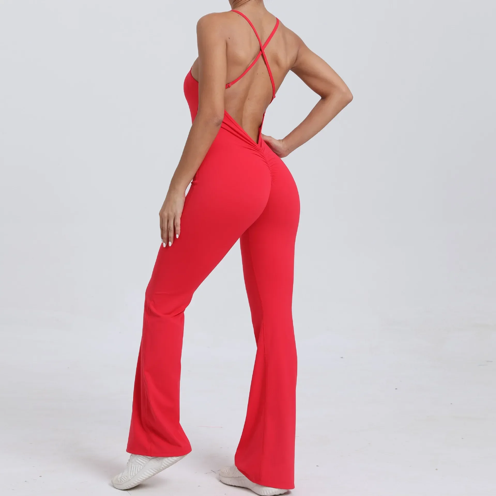 Seamless Bell-bottom Yoga Jumpsuit Pants Sports Fitness Hip-Lifting Cross Strap Beauty Back Flared One-piece Gym Yoga Tracksuits