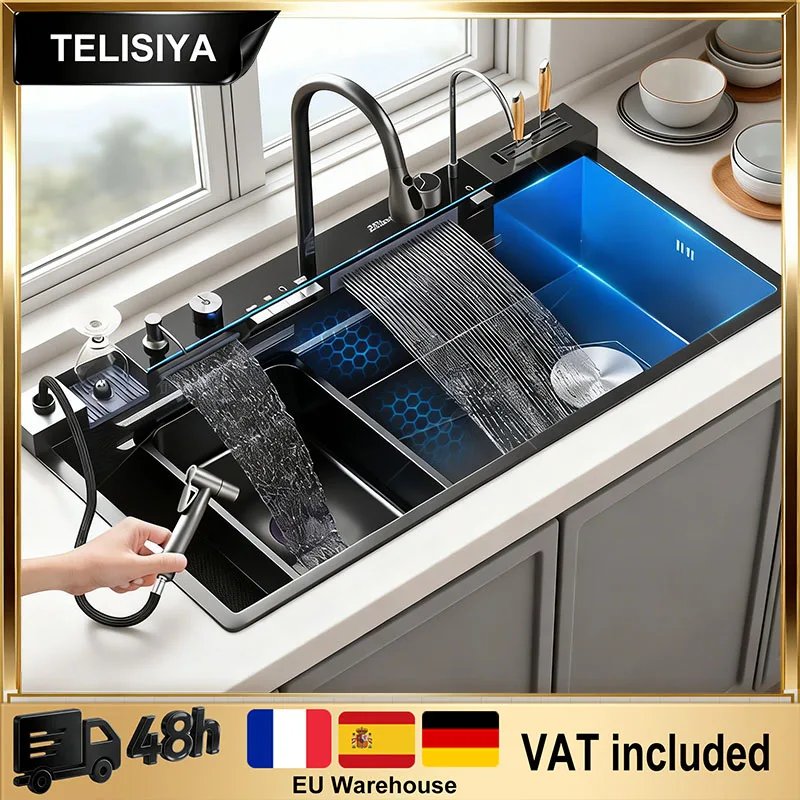 

Многофункциональная кухонная мойка из нержавеющей стали с водопадом, одинарная чаша, цифровой дисплей, для мытья овощей, встраиваемая под столешницу