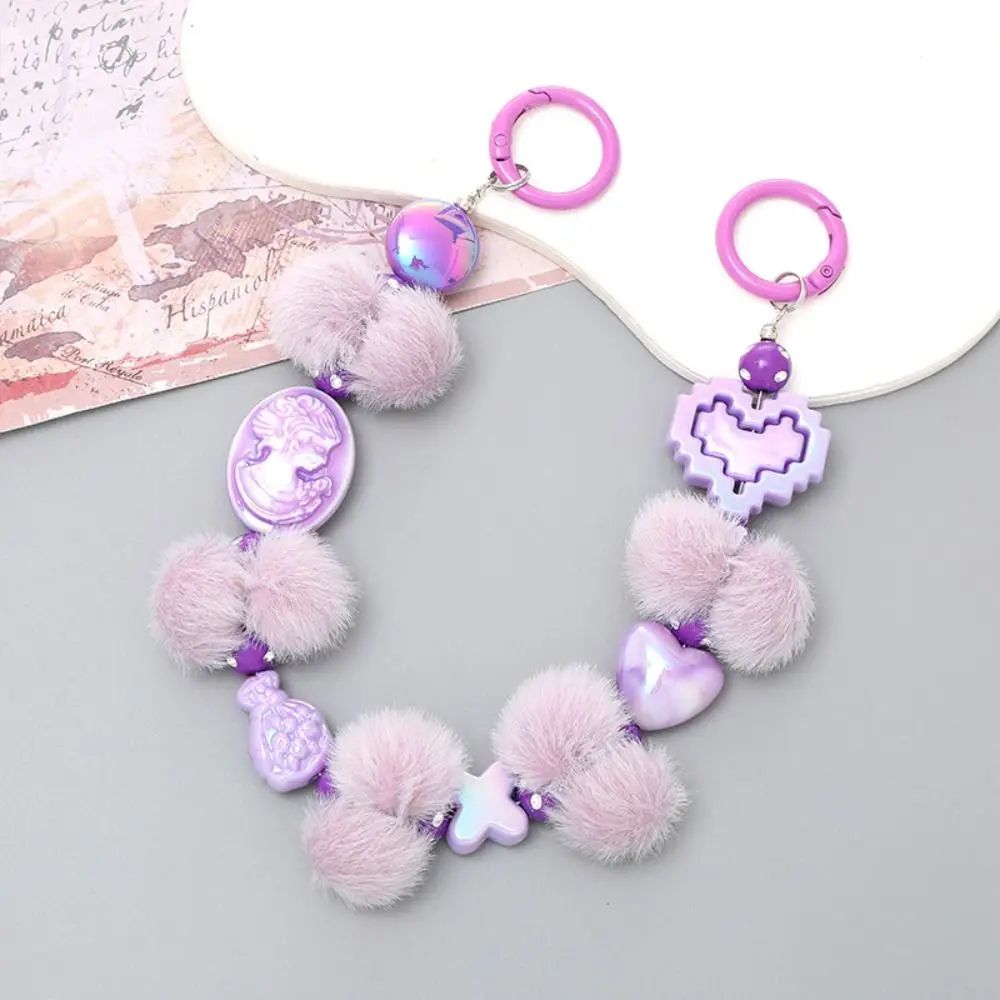 Phone Holder Plush Phone Chain Keychain Acrylic Colorful Beaded Lanyard Wrist Strap Anti-Lost Heart Case Chain Bag Accessories