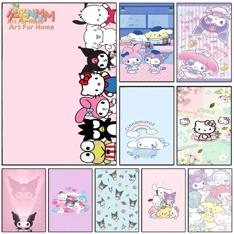 AZNM Sanrio Characters Canvas Poster Hello Kitty Kuromi My Melody Cinnamoroll Cute Cartoon Wall Print Girls Room Unframed Painti