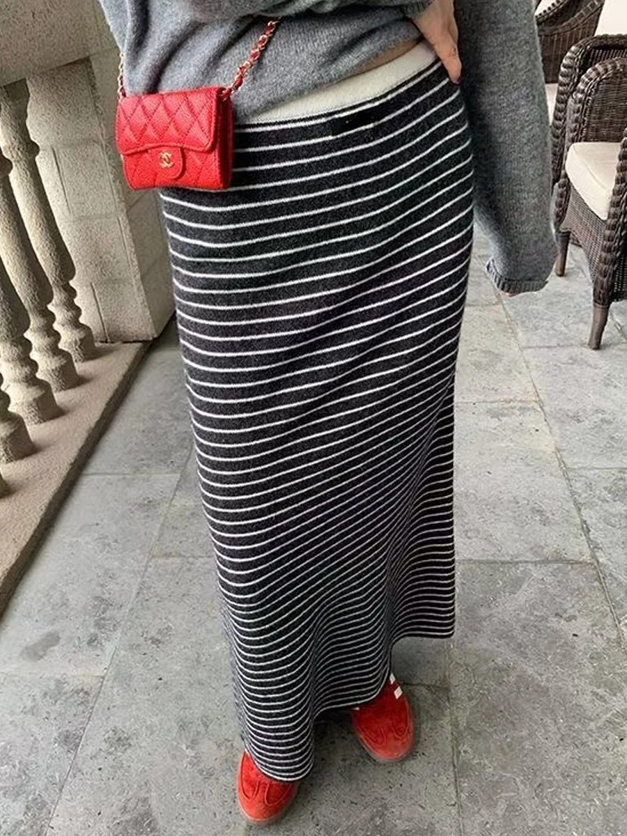

Thiened Knitted High Waist Midi Skirt Women's Spring New Sle Vertical Stripes A-Line Skirt for Small Figures