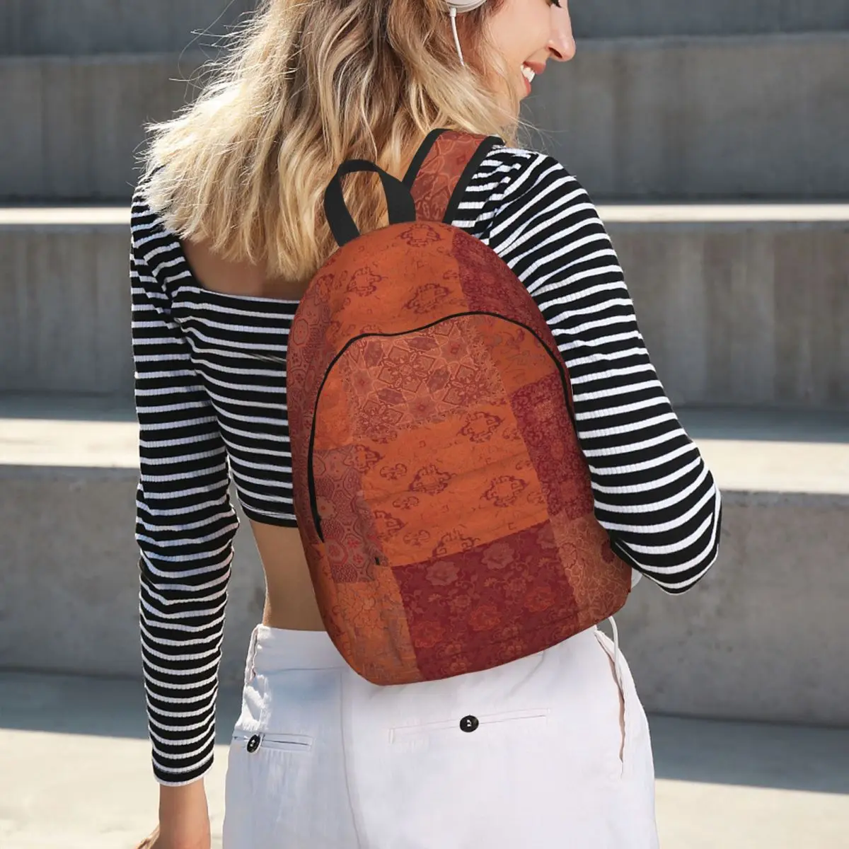 Vintage Bohemian Quilt In Burnt Orange Backpack Hot Sale Daypack Large Capacity BookBag School Bag Shoulder Bags for Men Women
