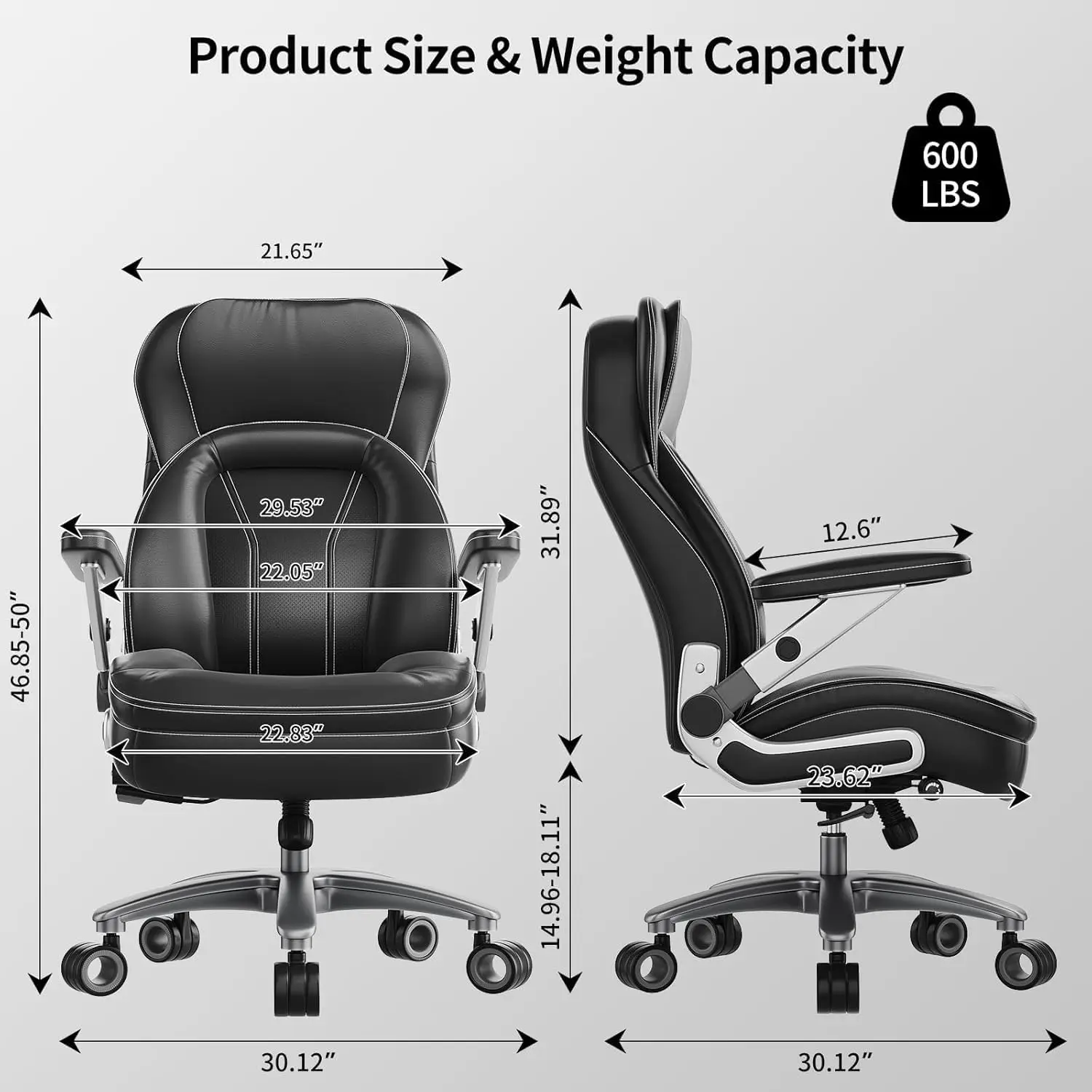 Silla de oficina grande y alta, resistente de 600 libras, silla ejecutiva ergonómica de cuero PU con lumbar ajustable, brazos 5D, ajuste de altura,