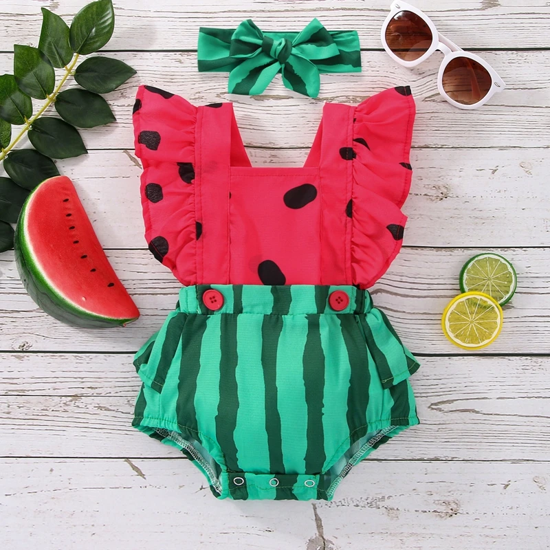 

Toddler Baby Girl Romer Outfit Summer Watermelon Printing Bodysuit Square Neck Fly Sleeve Jumpsuit Headband Clothes