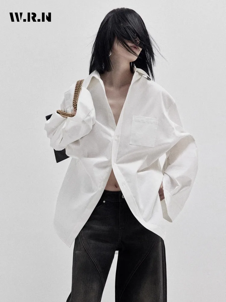 

Korean Chic Style Loose Long Sleeve Single Breasted Solid Shirt 2024 Summer Women Casual Baggy Turn-Down Collar White Blouse Top