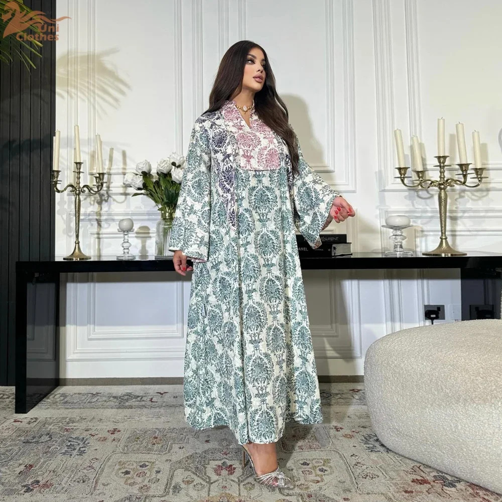 Uni Ramadan Dubai Abaya elegante con stampa floreale per abito da donna musulmana con maniche svasate casual sciolto Kebaya