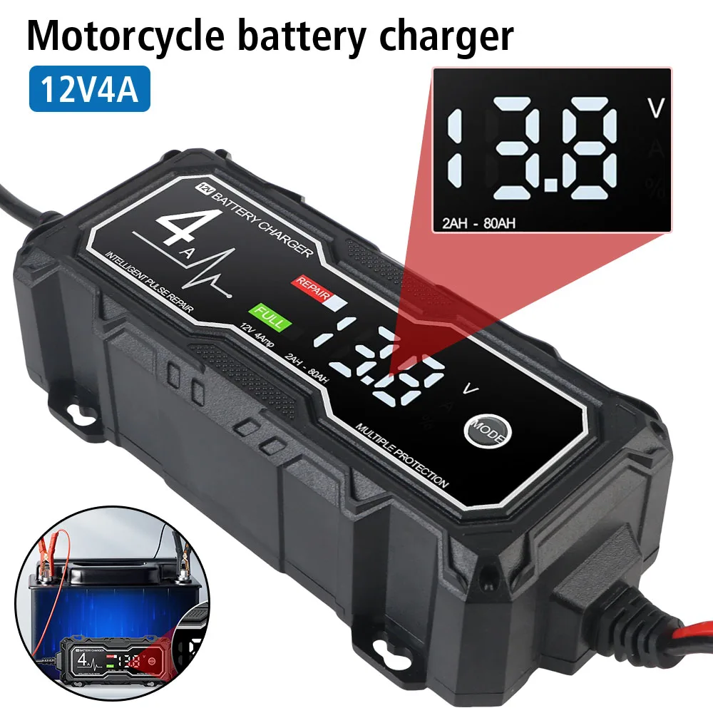 

Multiple protection Car Motorcycle Battery Charger 12V 4A Pulse Repair AGM Battery Charger LCD Display Intelligent Chargers