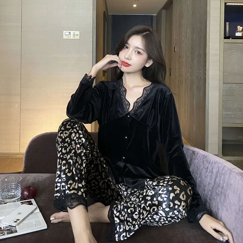 Retro Trend Leopard Print Fleece Women\'s Pajamas French Elegant Fashion Chic Home 2pc Set 2024 New Autumn/winter Y2k Nightgown