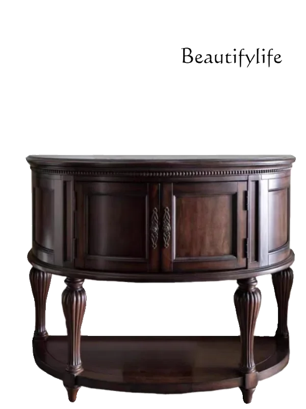 

American simple retro solid wood porch table against the wall aisle semi-circular curved wall storage cabinet