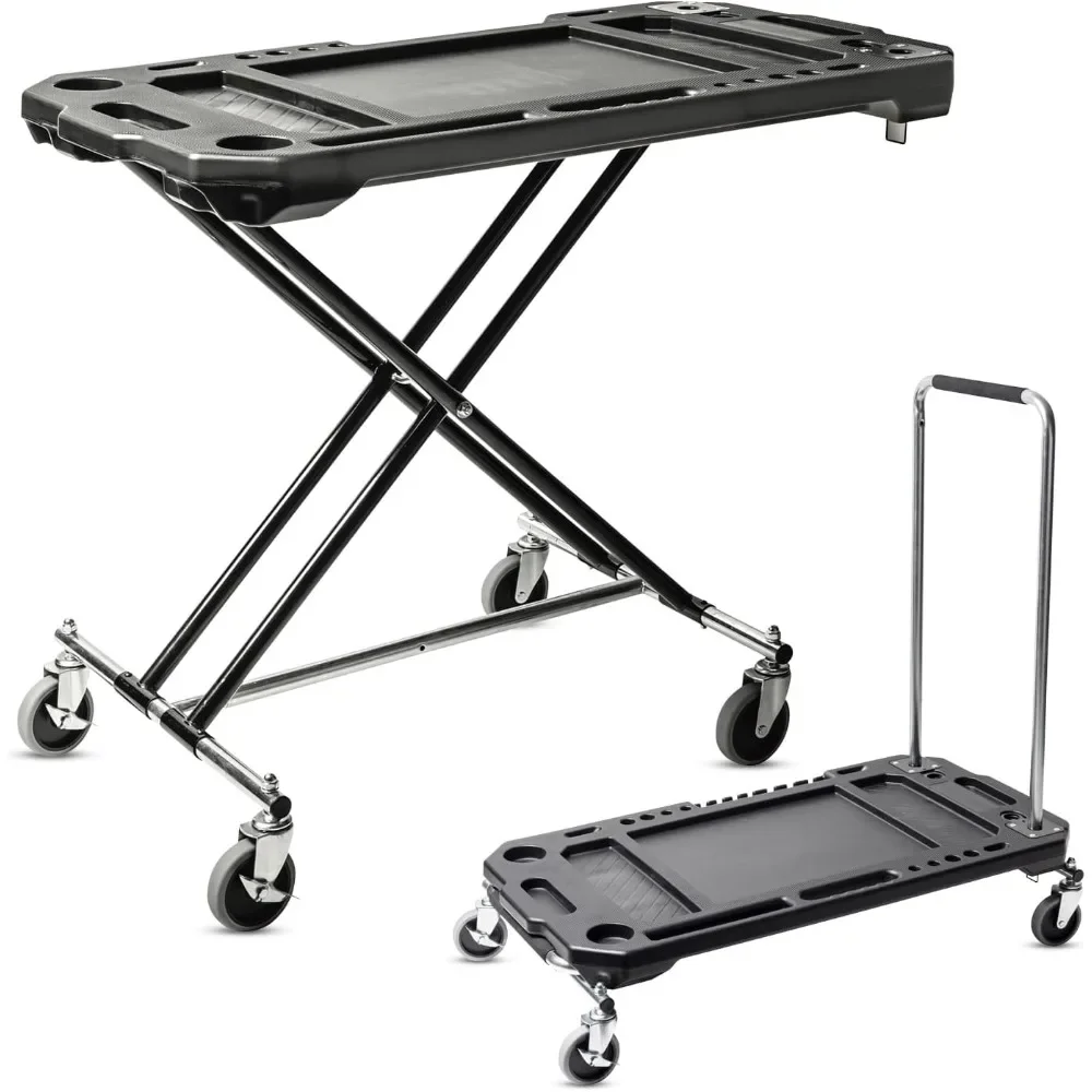 Adjustable Work Table with Tool Holders and Convertible Dolly Function, Multi-Use, Home, Garage, Worksite - 642928ECE, Black