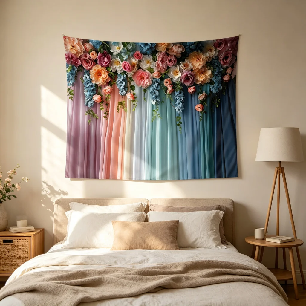1PC Colorful Flowers Print Backdrop Banner, Bedroom Living Room Photo Background, Polyester Wall Hanging, Home Decor, Wall Art