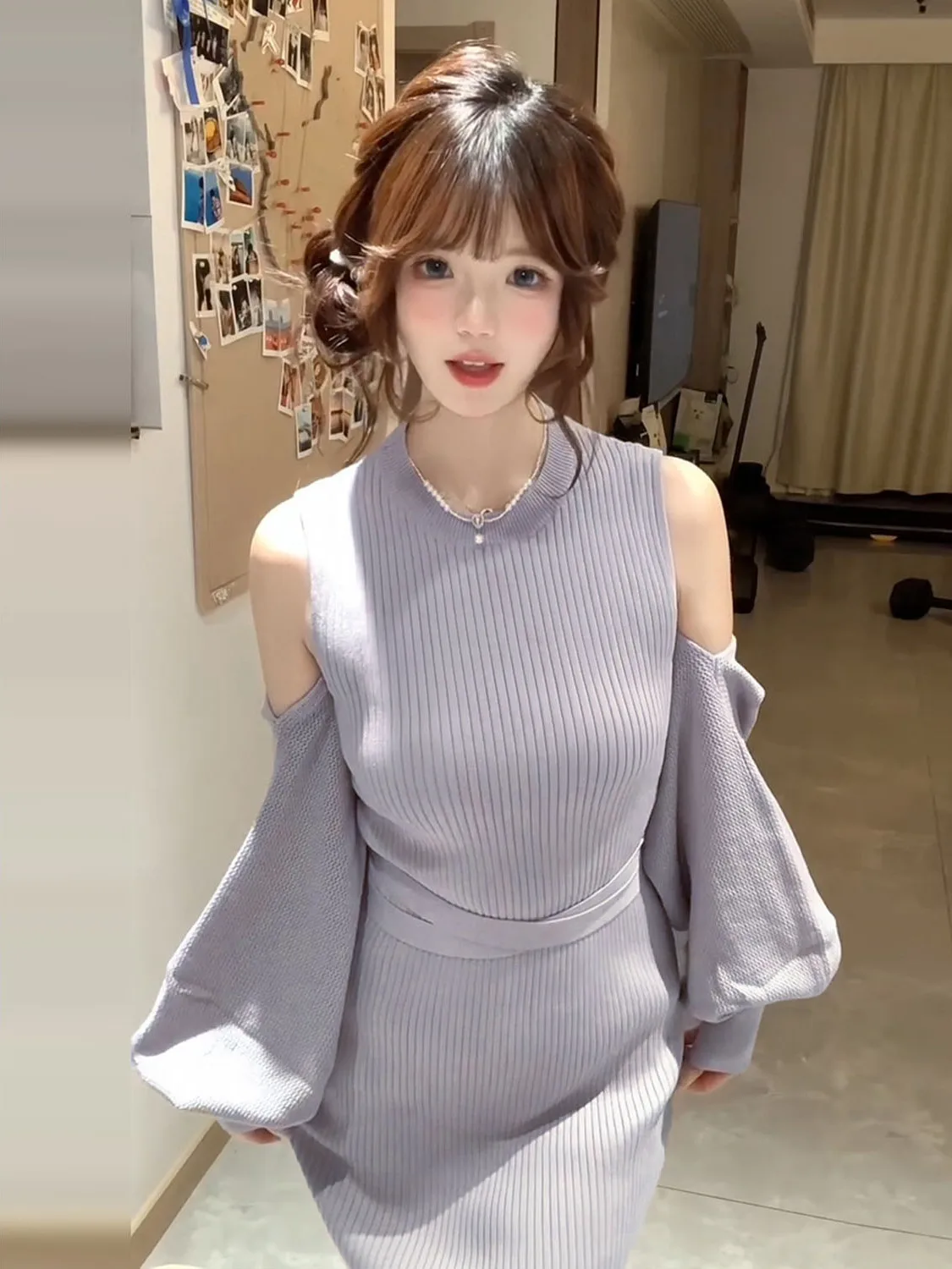 

Фиолетовое вязаное платье с открытыми плечами и длинными рукавами, женское, новинка ранней весны 2026, элегантное, с завышенной талией, длинное