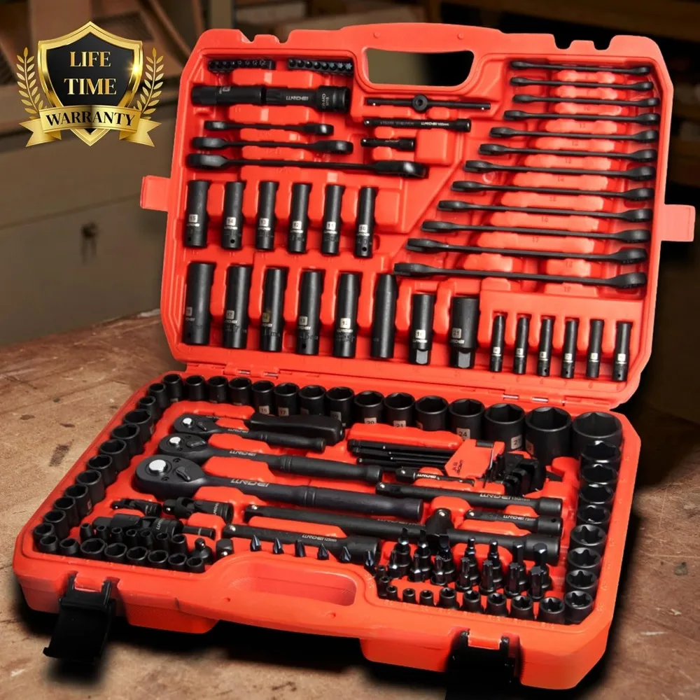 Set di attrezzi meccanici da 160 pezzi, set di bussole metriche Kit di attrezzi professionali con azionamento da 1/2 1/4 3/8 pollici, kit profondo e poco profondo CR-V con rapido