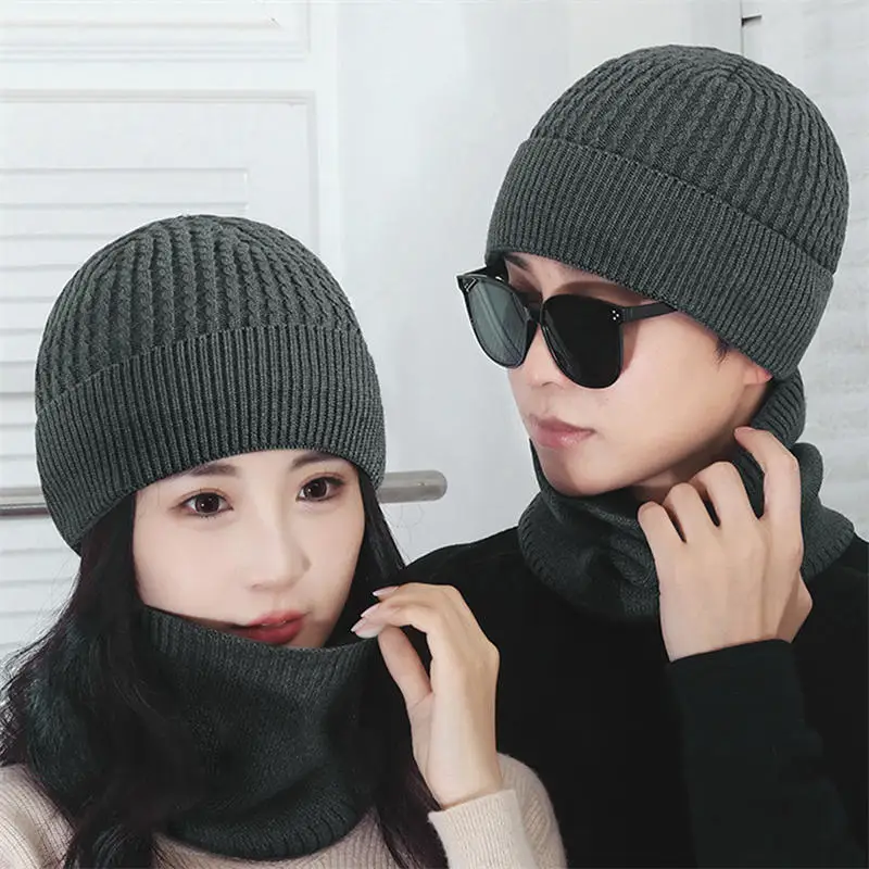 Conjunto de 2 uds de gorro y bufanda de punto para invierno, gorros tejidos de Color sólido, conjunto de bufanda con protección para los oídos, gorro cálido para exteriores, bufanda cálida para hombres y mujeres