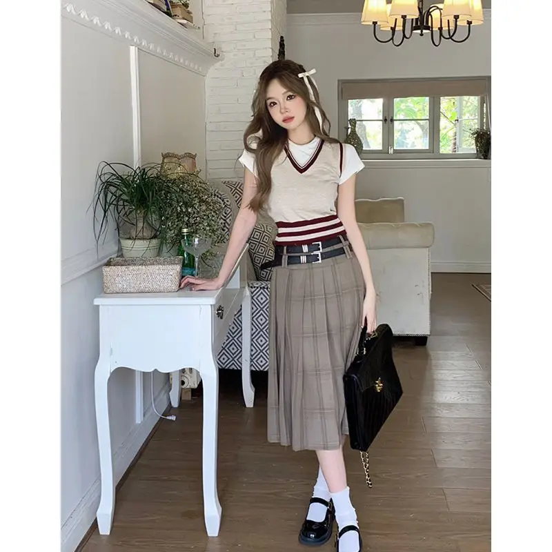 

Korea Vintage Long Plaid Skirt Women High Waist A-line Fashion Preppy Midi Pleated Skirt School Uniform