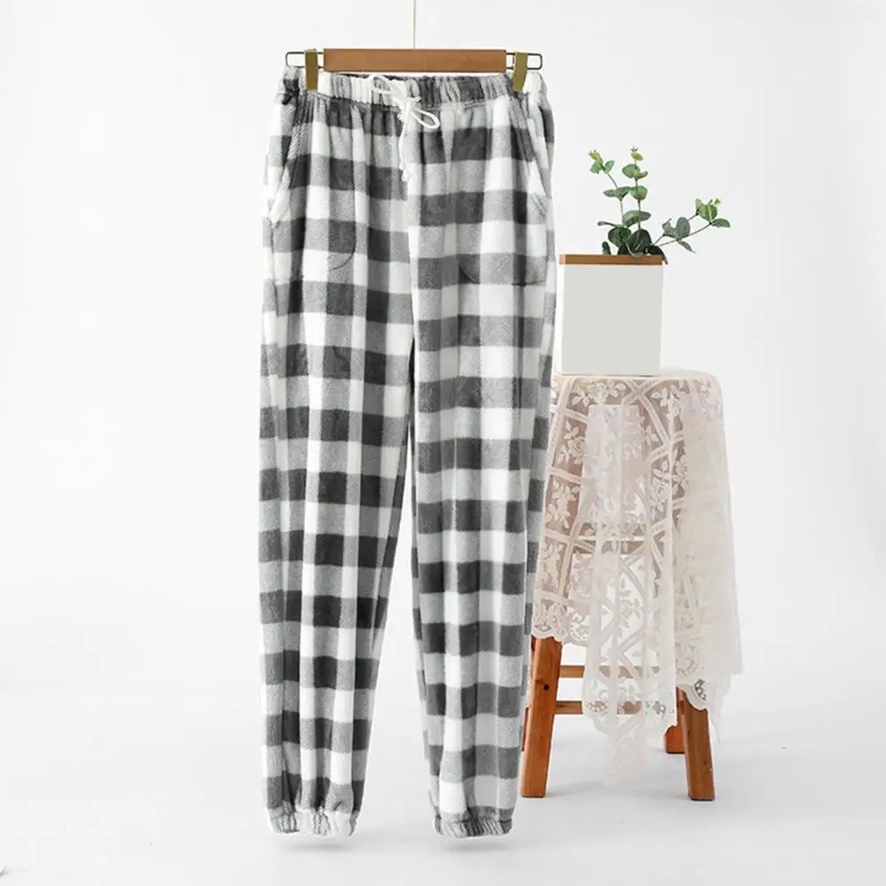 

Winter Pajama Pants Thick Plush Elastic Waist Plaid Print Loose Keep Warm Leg-Binding Design Homewear Trousers Lounge Bottoms