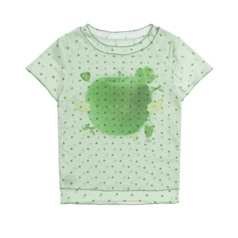 Kimotimo Cute Star Apple Printed Fungus Mesh Crop Top Women Summer Sheer Slim Fit Chic T-shirt Sweet Y2k Aesthetic Harajuku Tees
