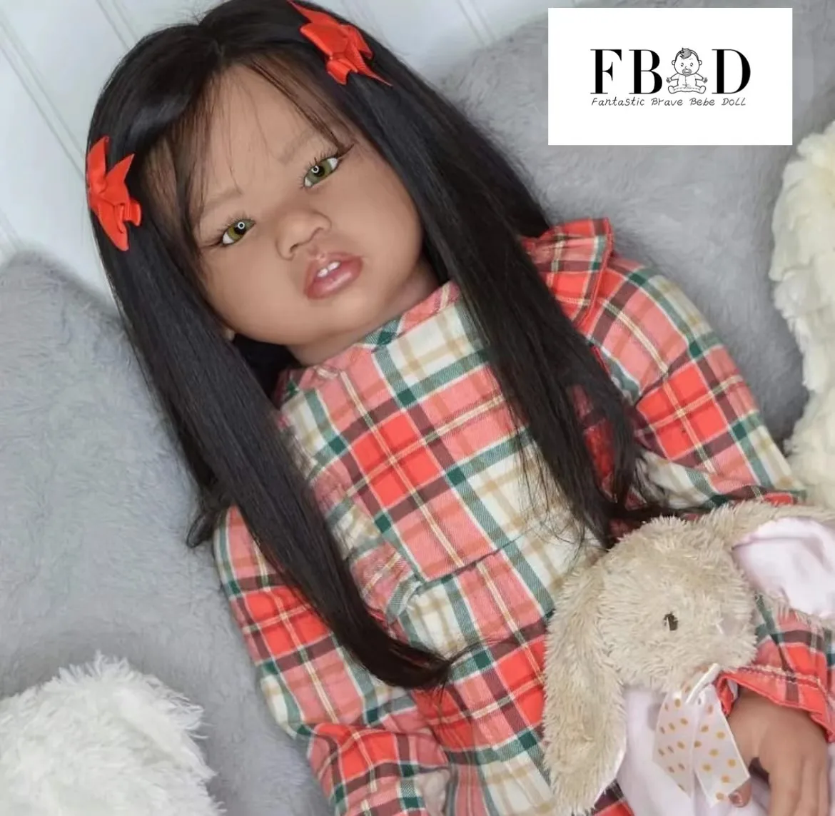 FBBD Custom Made By ShanShan 30inch Reborn Baby Amaya Chocoolated Skin Already Finished Doll With Hand-Rooted Long Black Hair