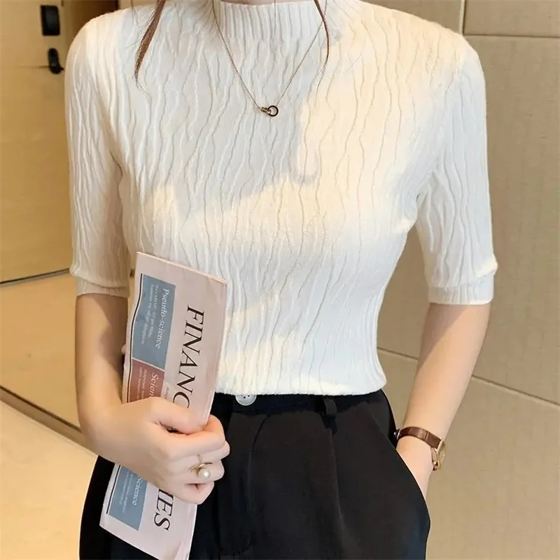 Pullover Knitted Half Sleeve Knitted Sweater Female 2024New Spring Slim Women Korea Basic Solid Casual Base Female Knitting Shir