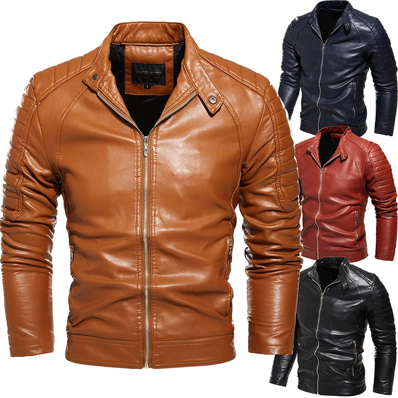 2022 New Men's Trend Motorcycle Suit Color Matching Pu Coat Plush Beige Leather Coat